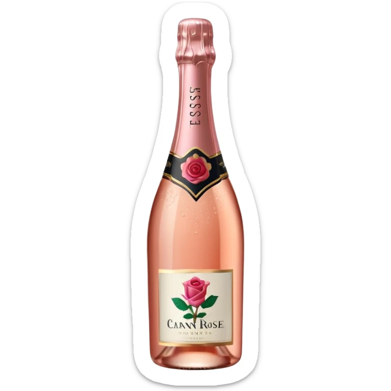 bottle of sparkling rosé champagne with a rose logo on the label, tilted up and to the right, no glass sticker