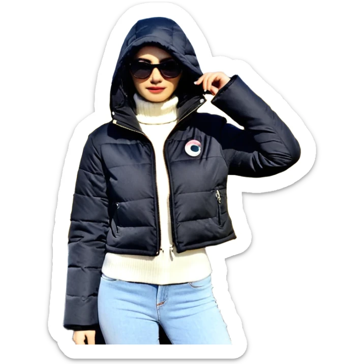 Siyah uzun saçlı siyah ceket  polar ceket ceket gevşek biraz omzundan çıkıyormuş gibi ve bugday ten rengi soltaraftaki omzundan çıkık sadece içinde de siyah crop var crop açık esmer esmer ceketin içinde siyah crop var be cropta omzuna bağlı ceketin sol üstü omzunun istinde sticker