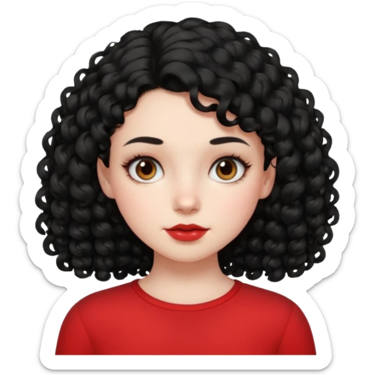 Side part black curly hair girl with mole above left side of lip pale skin red top sticker