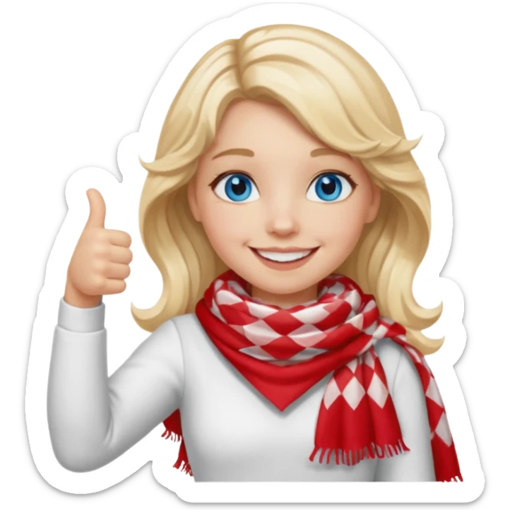 Blonde Girl, Blue Eyes, wavy hair, smiling, thumbs up, wearing red Checkered Triangle scarf, white dress sticker