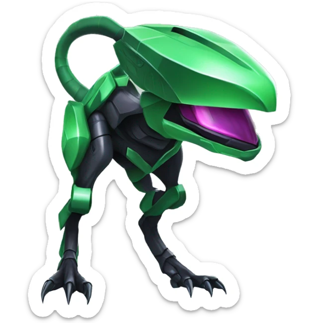 a shiny black-green Genesect-Raptor-Fakémon—hybrid with a futuristic visor-helmet full body sticker