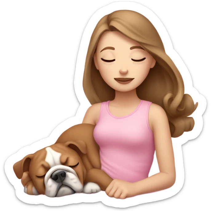 Sleeping girl in pink with light brown hair and bulldog sticker