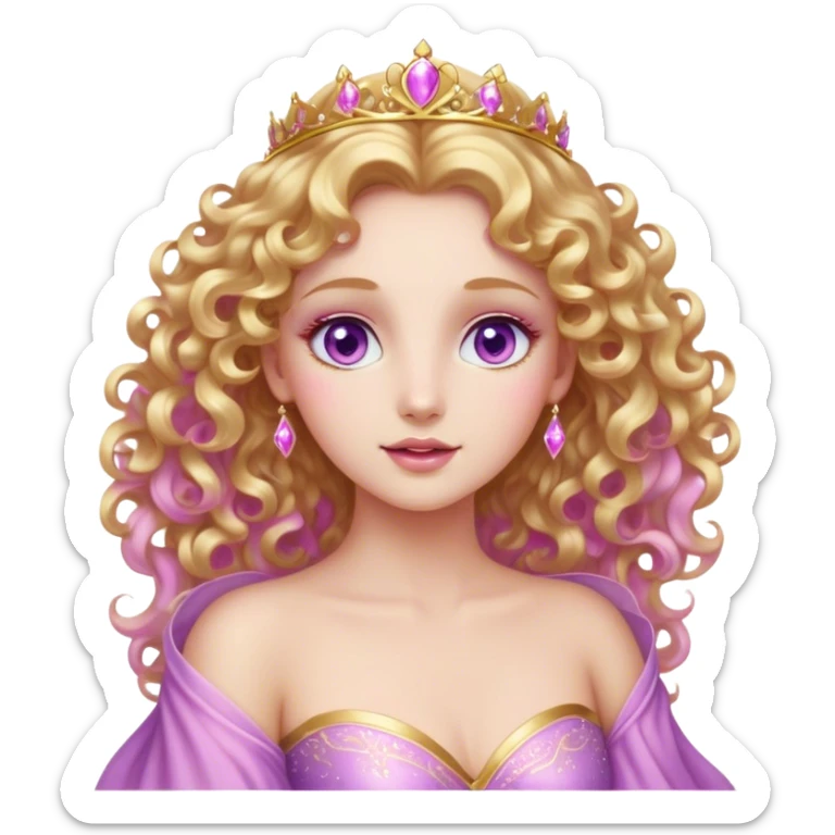 Cinematic Stunning Aurora Portrait Emoji, Ethereal in her flowing pink gown, golden curls shimmering, soft violet eyes filled with serenity, an enchanting glow surrounding her, capturing the beauty of a princess lost in a dream! sticker