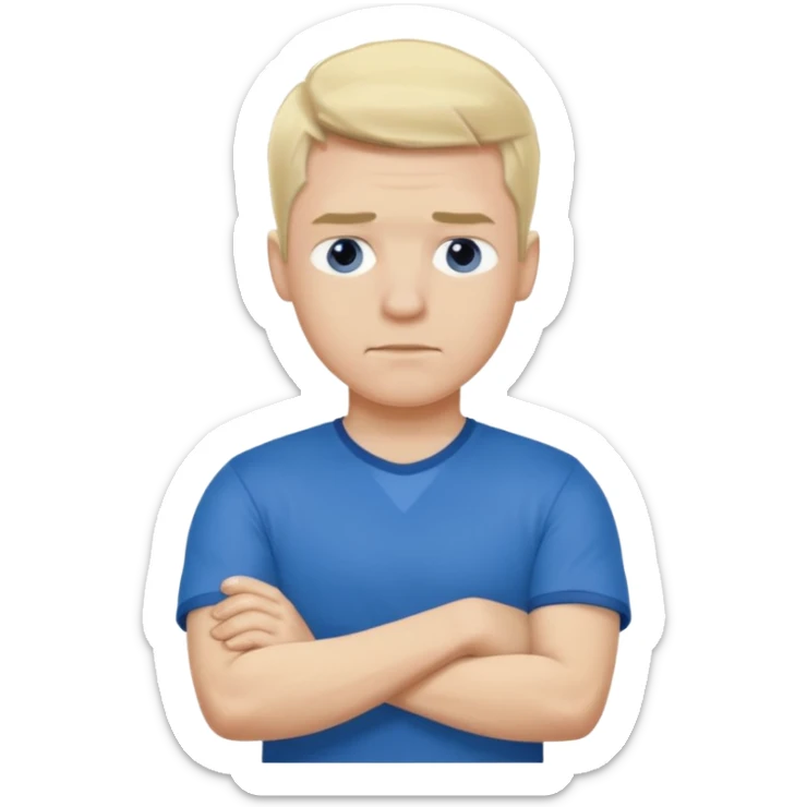 Pale blond man in blue football t shirt crossed arms (he is cold) sticker