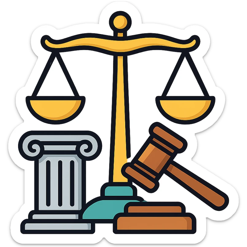 Vector illustration of a classic symbol of law (e.g. scales of justice, gavel, courthouse column), designed with elegant and refined lines. Include intricate golden detailing, soft gradients for a polished metallic look, and realistic shadows and highlights for depth. Style should be clean and professional, with a modern yet timeless feel. Transparent background sticker