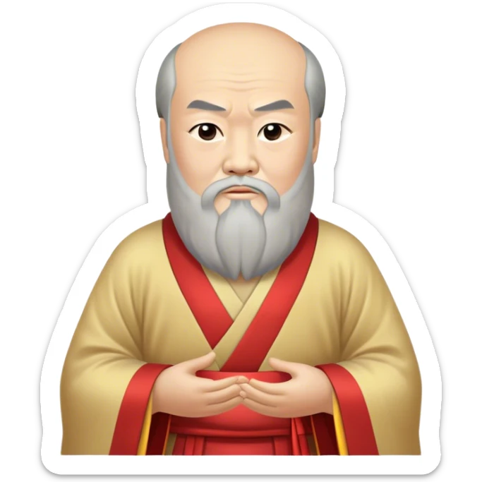 Cinematic Realistic Confucius Portrait Emoji, depicted as a wise ancient philosopher in traditional robes with a serene, contemplative expression, rendered with soft timeless textures and harmonious natural lighting that captures his enduring wisdom. sticker