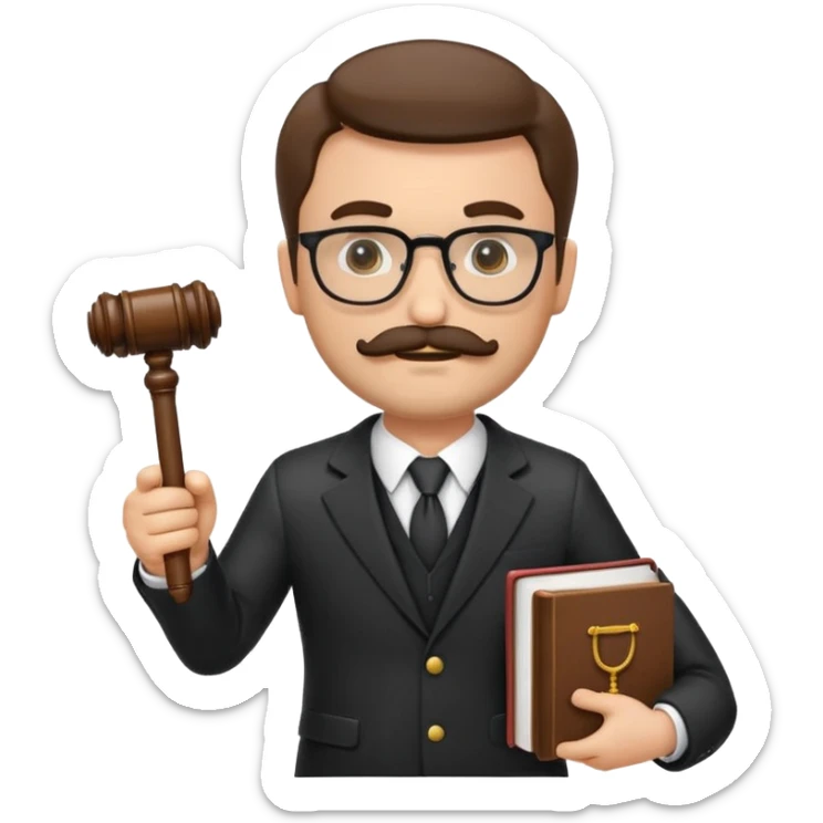 “Create a clean, modern emoji-style illustration of a male lawyer. He is wearing a formal suit jacket. He is holding a judge’s gavel in one hand and has a law book tucked under his arm. He has a mustache and a short beard, and he is wearing glasses. sticker