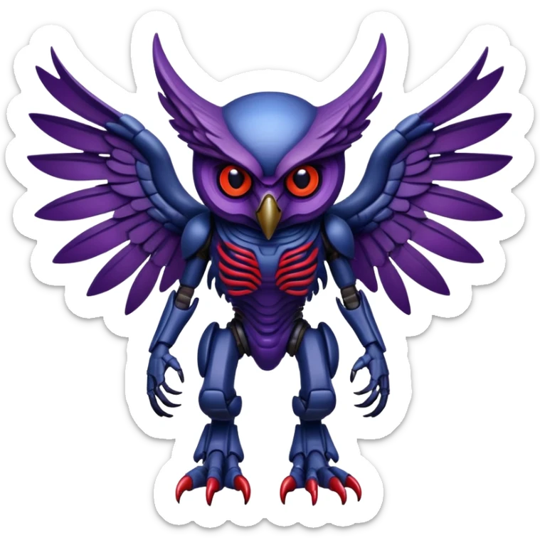 Owl xenomorph hybrid front facing full body dark purple and blue and red sticker