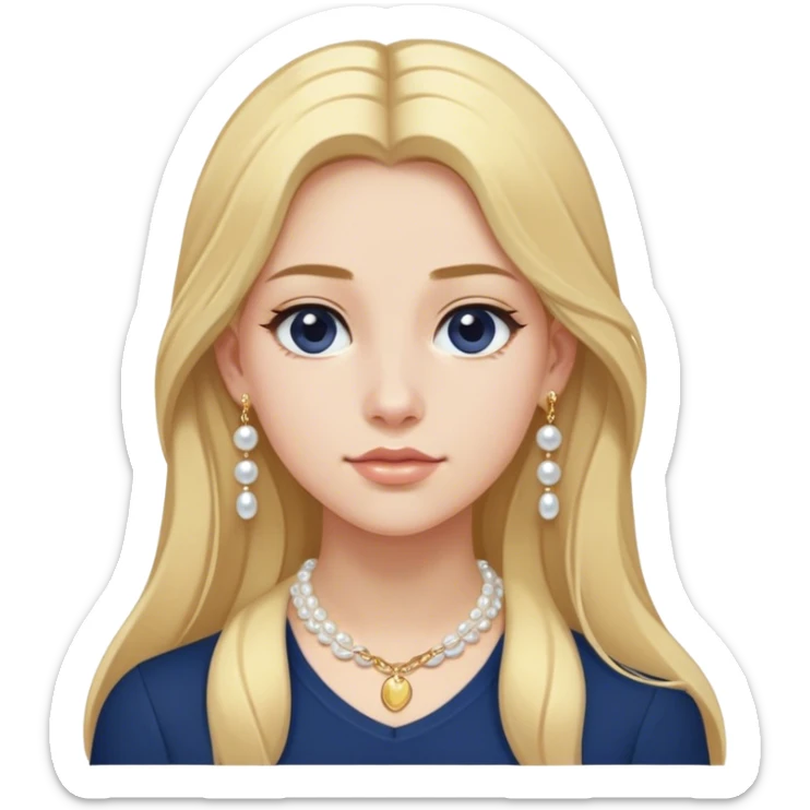 White girl with long blonde hair with a form fitting navy blue shirt with a dainty gold chain and pearl earrings sticker