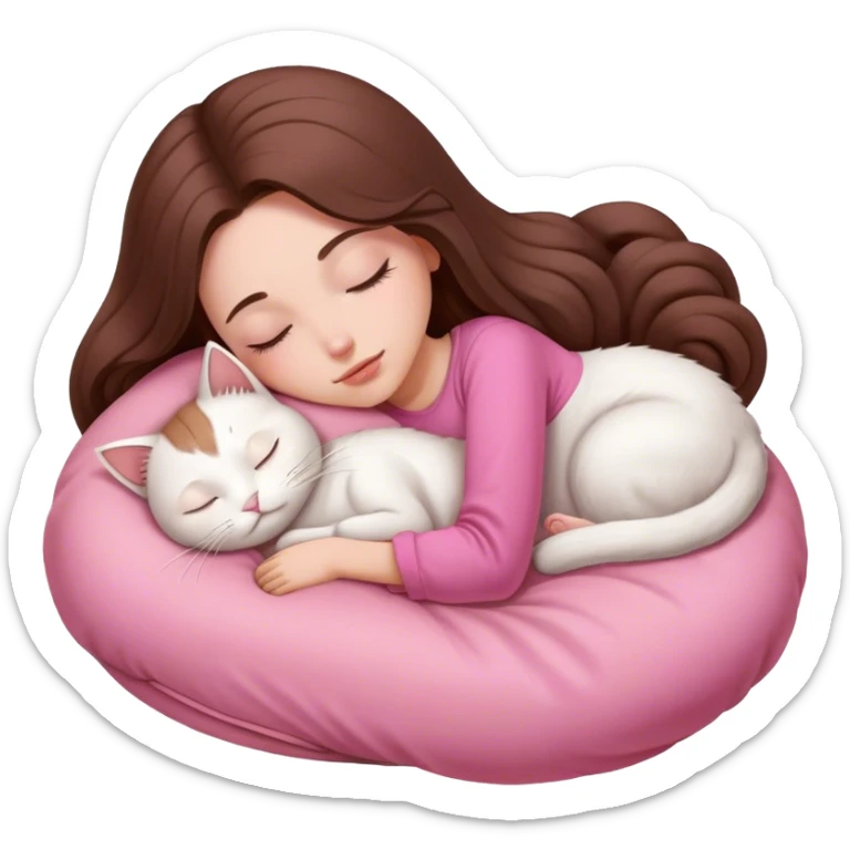 A pretty white girl with very long brown hair and pink clothing sleeping curled up to a white cat  sticker
