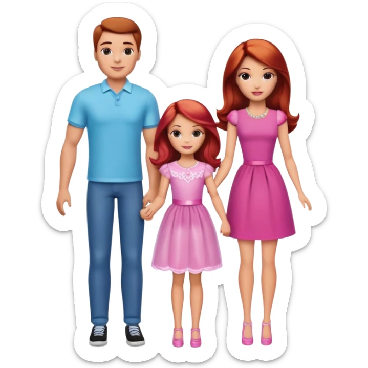 A barbie girl with makeup with brown hair with a child, a daughter, a girl with red hair, holding her hand in  and a husband, a man with brown hair, a family sticker