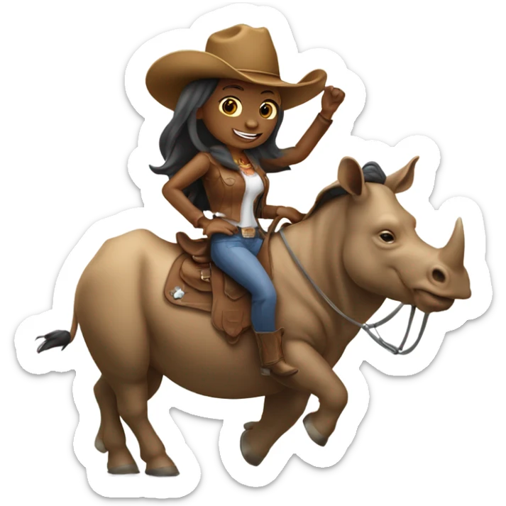 Woman with long hair with a cowboy hat and ahe’s riding a rhinoceros sticker