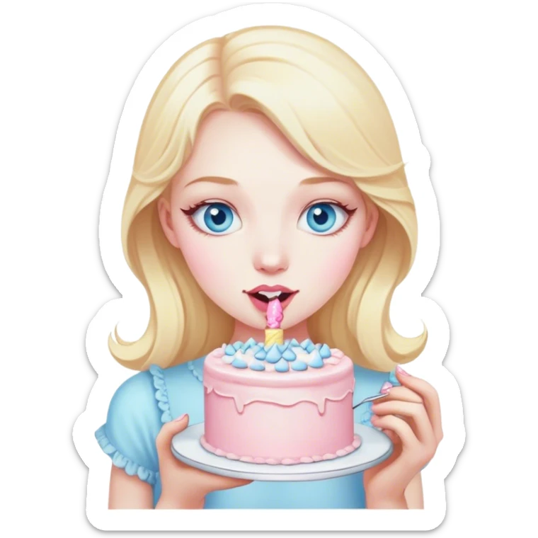 Blonde girl with pale skin and blue eyes with a light pink vintage cake  sticker