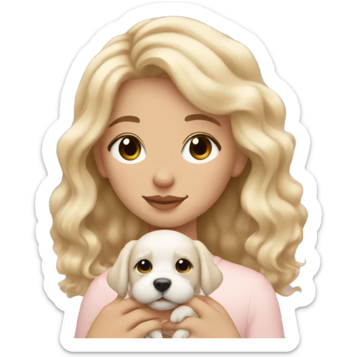 Aesthetic clean girl, white girl, blonde wavy hair holding cute small puppy with eyes closed and double heart emoji sticker