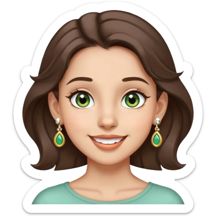 girl with gray-green eyes, brown hair, multiple earrings, mole on cheek, joyful expression sticker