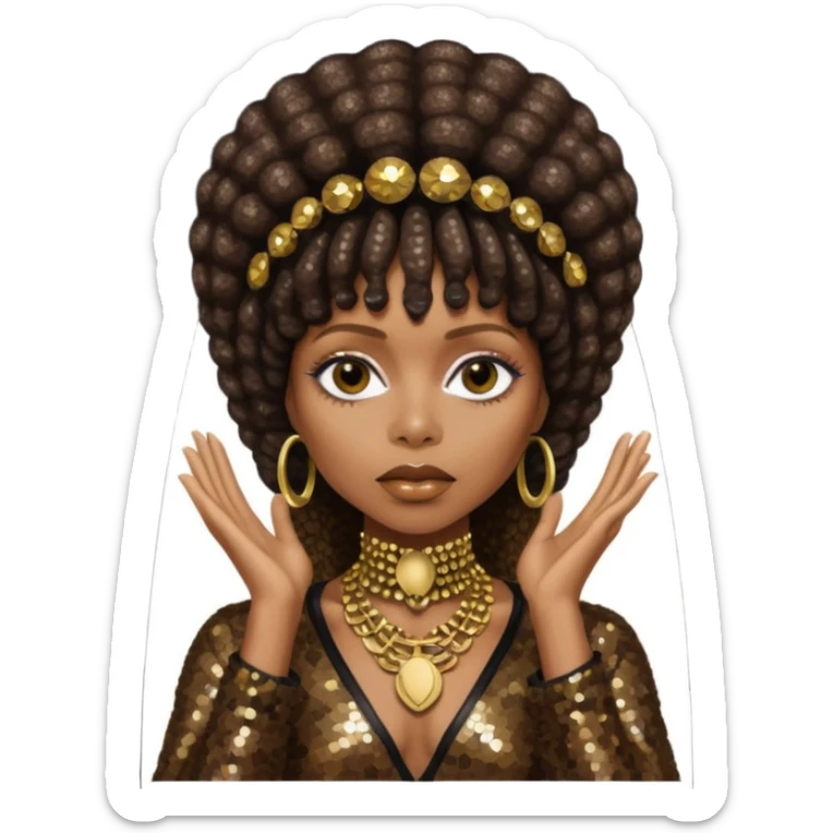 Erykah Badu with dark brown hair, dark brown sequin outfit sticker
