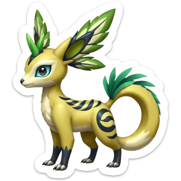  Exotic Tropical Feathery Leathery Scaly Planty Meloetta-Zygarde-Zeraora-Renamon-Protogen-Palkia-hybrid-fusion-Fakémon-creature, full body sticker