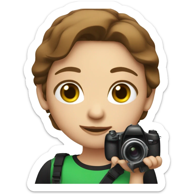 girl with brown hair, green eyes, red t-shirt and black pants holding photo camera sticker