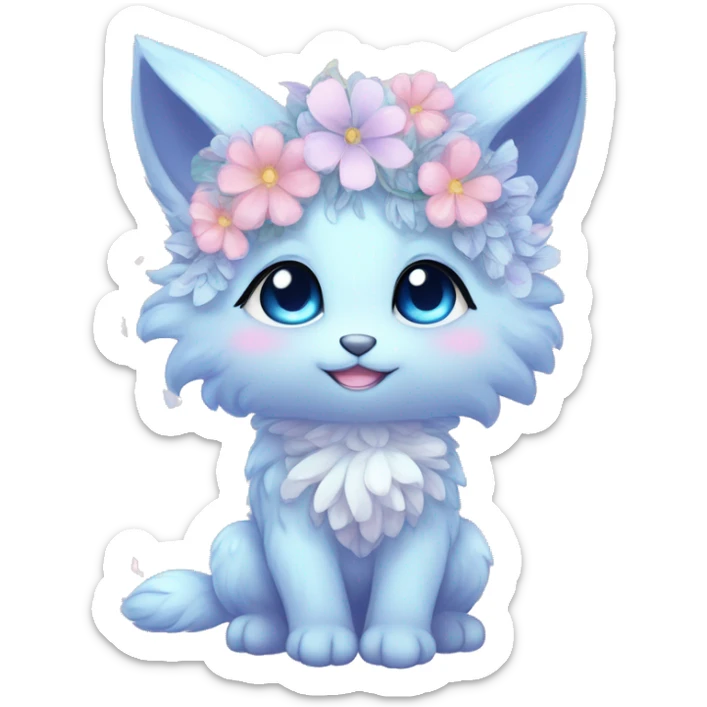 Anthro Cute Cool Blushing Pastel Innocent Shy Kawaii gorgeous sparkly ethereal fantasy anime animal creature with blue eyes furry sona with flowers and ribbons beautiful aesthetic sticker