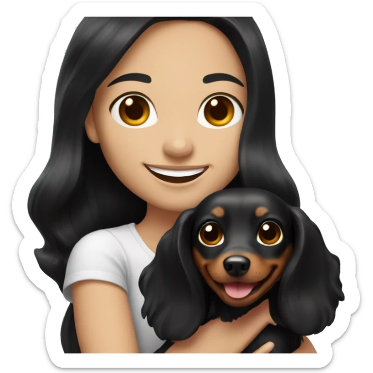 White girl with long black hair holding a dachshund and smiling sticker