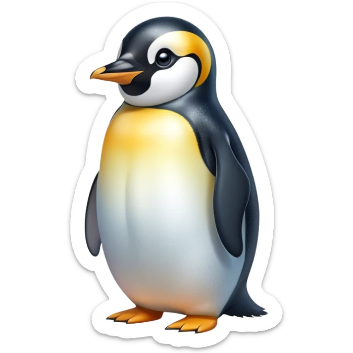 Cinematic Cute Emperor Penguin Portrait Emoji, Head tilted playfully and inquisitively, with glossy, pristine plumage accented by a bright beak and round, sparkling eyes filled with curiosity, Simplified yet irresistibly adorable features, highly detailed, glowing with a warm, friendly icy glow, high shine, affectionate and lively, stylized with a touch of whimsical charm, bright and endearing, soft glowing outline, capturing the essence of a mischievous yet loving penguin that feels like it could slide out of the screen into your arms! sticker