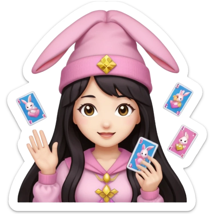 pixel art chibi asian girl with dark long hair in pink bunny ears hat magical girl with kawaii tarot cards thrown in air pixel emoji sticker