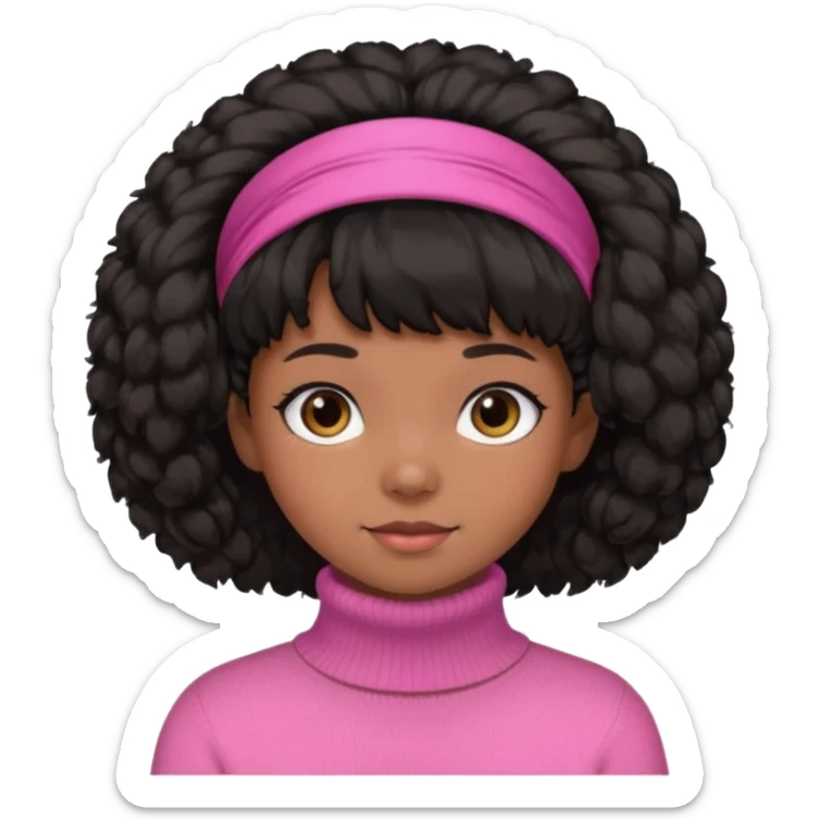 black fluffy haired girl with pink turtleneck sweater and hair band sticker