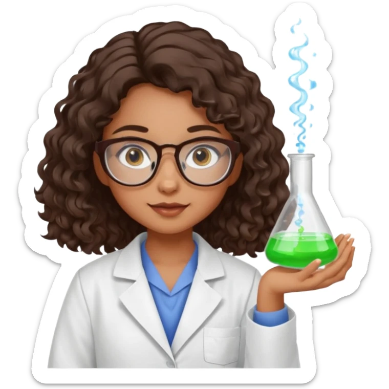 realistic bratz doll with long loose curly dark brown hair, glasses that are round cat eye vibes, in a lab coat mixing beakers that glow shes a 4th grade girl sticker