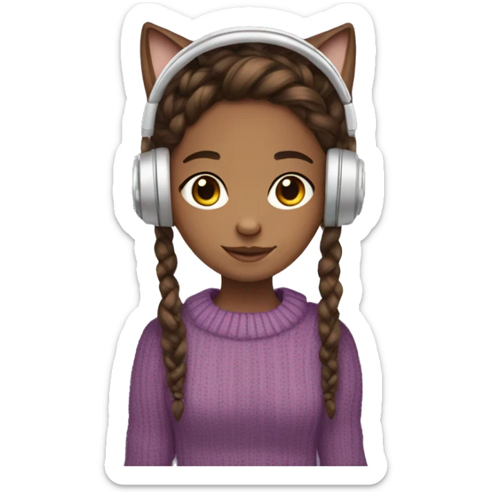 Brown hair girl, braids, brown eyes, violet sweater, headphones, clear glass, brown skin, and cat in hands sticker