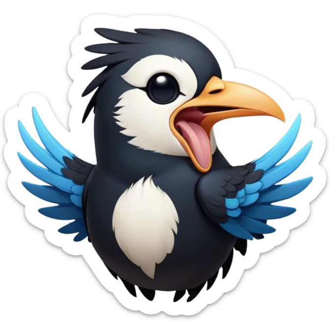 Cinematic Cute Yawning Magpie Portrait Emoji, Head tilted slightly with a dramatic, wide-open yawn, showcasing a sleek, contrasting feathered form with softly drooping wings and sleepy, half-closed eyes, Simplified yet irresistibly adorable features, highly detailed, glowing with a soft, cozy urban glow, high shine, relaxed yet expressive, stylized with a dash of whimsical charm, soft glowing outline, capturing the essence of a drowsy yet affectionate magpie that appears ready to stretch out for a nap! sticker