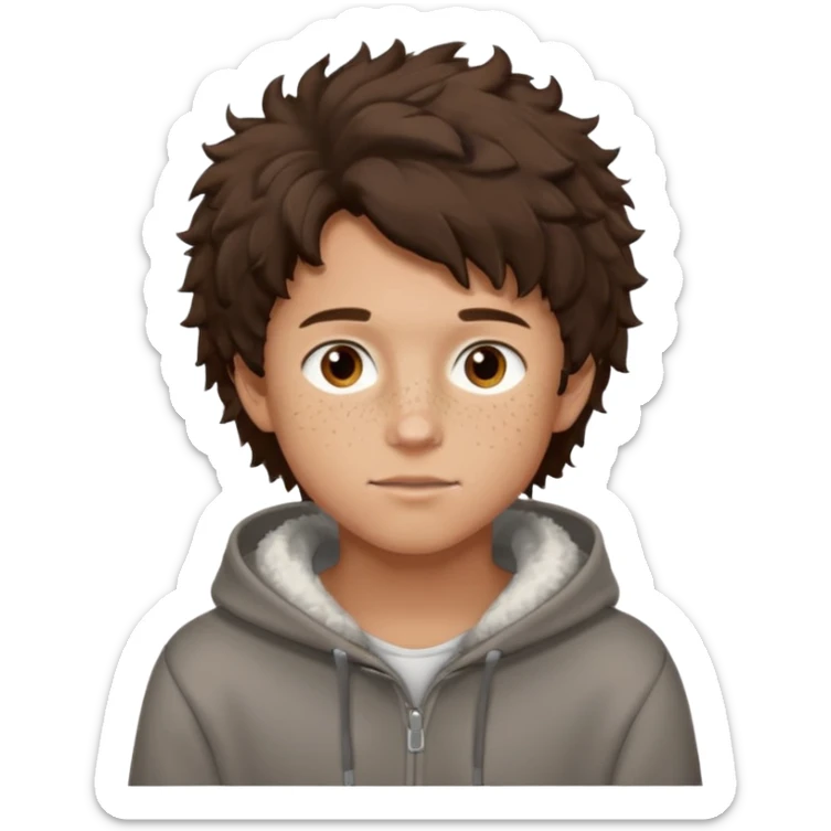 hoodie brunette fluffly hair boy with freckles and brown eyes handsome sticker