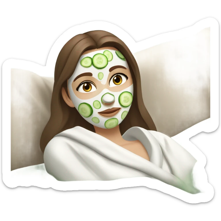 White girl with Brown hair and blue eyes wears a Green colored skincare clay textured mask and puts on cucumbers around her eyes while She relaxes in her white Robe sticker