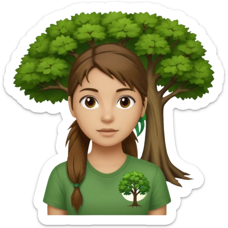 Make a zumba coach emoji, brown eyes, brown hair girl, green shirt withe "the roots" on it, longer pony tail hair, add the tree logo for the roots remove tree from background sticker