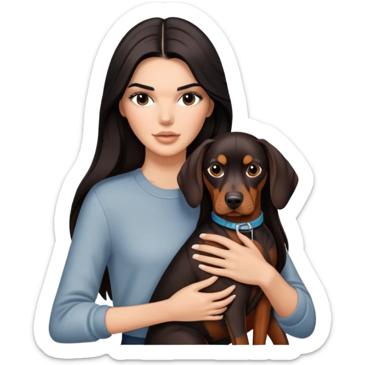 Kendall Jenner with long dark hair holds a Doberman Pinscher in her arms sticker