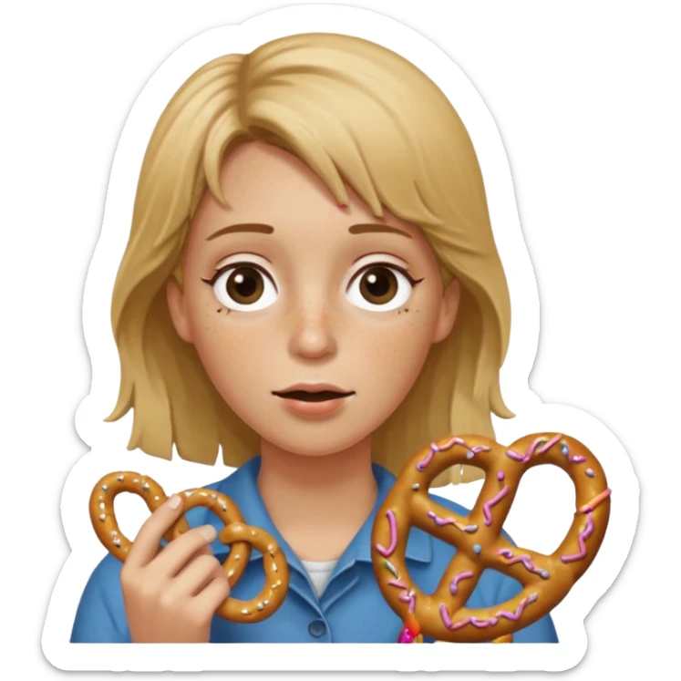 Short, center part, Dirty blond hair, fair skin with freckles,  holding pretzels and closing one eye sticker