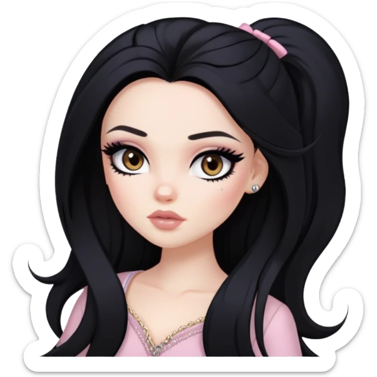  long black hair, pale skin, dark brown eyes, pretty bratz baddie, black eyeliner, blush sticker