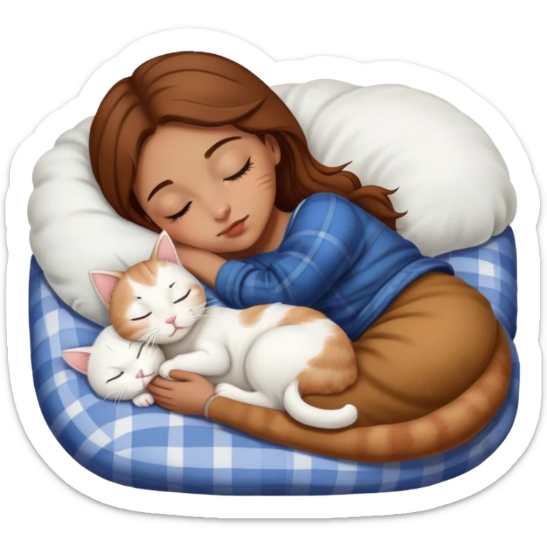 Light brown girl with brown hair sleeping with scottish white kitty with black nose sticker