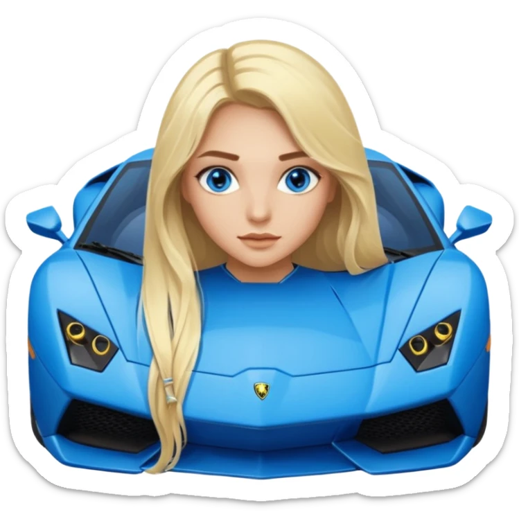 Blauer Lamborghini mit einem Mädchen mit sehr lamgem blonden Haaren und latina make up und blauen Himmel Augen sticker