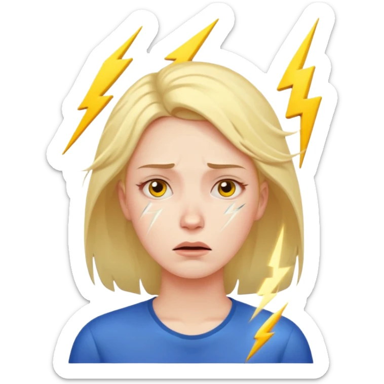 stressed woman with lightning symbol near head, tired face, calm emoji colors, shows stress and cortisol effect on skin sticker