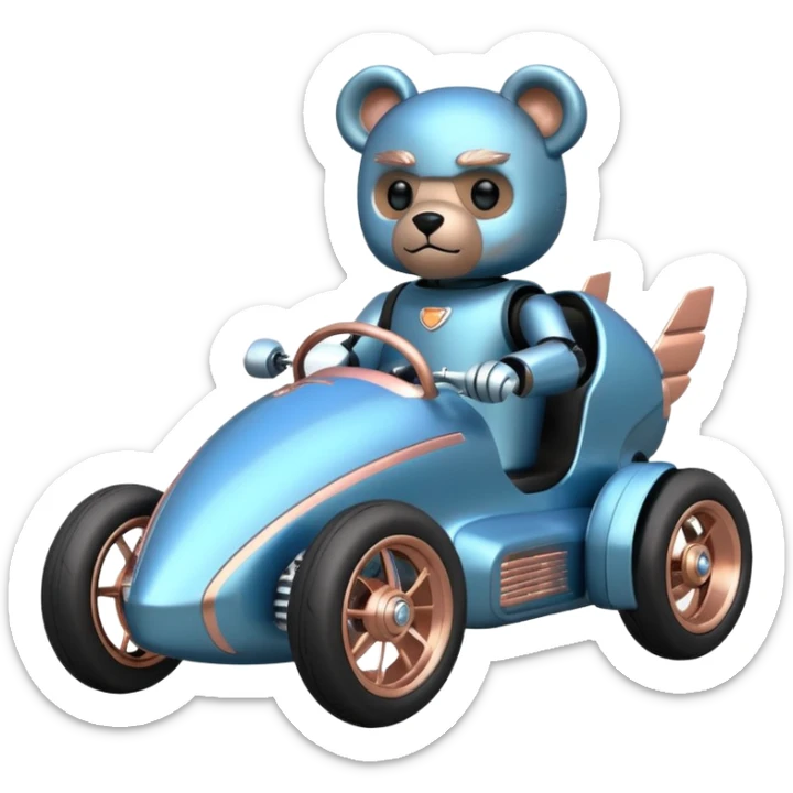  Metallic blue and rosegold-accented  kid-sized racing car for furry-faced grey bearded evil scary robot teddy bear and passenger with custom aero body and rear wing and motorcycle-sized wheels  sticker