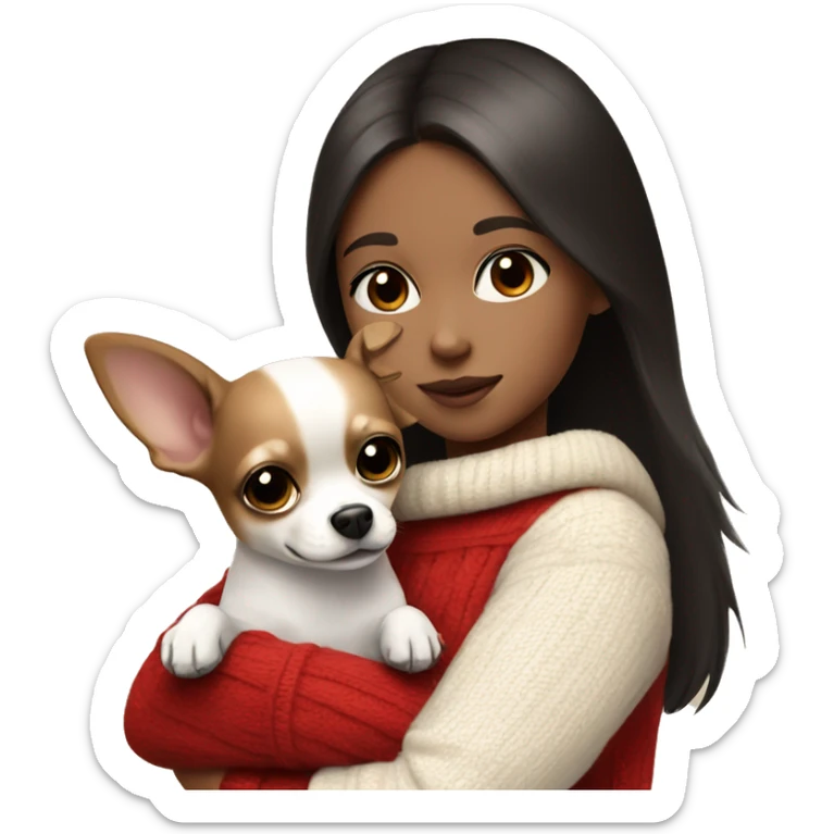 A girl with white skin color with black eyes and brown hair in red sweater hugs white Chihuahua sticker