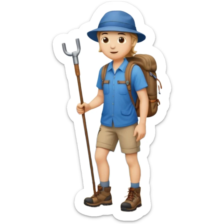 a full-body hiker with a hat blue shirt and hiking stick.hiking a mountain sticker