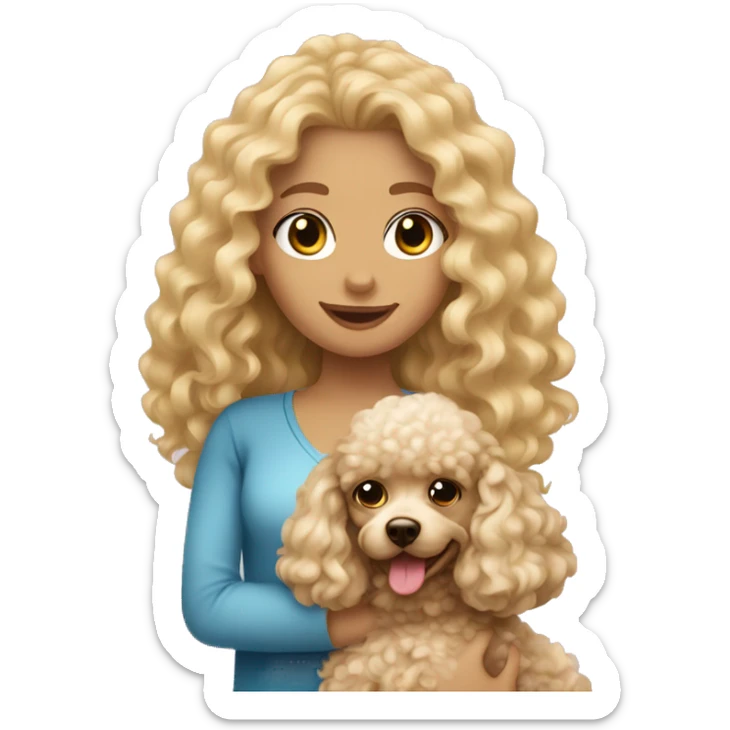 blonde long curly hair girl holding a cute poodle dog sticker