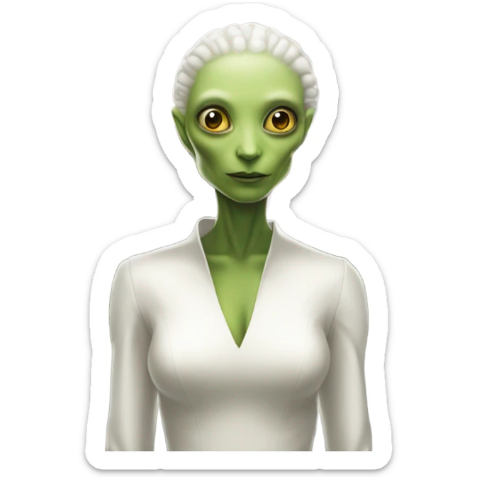 in front of his house, a Reptilian alien woman, in white dress, sticker