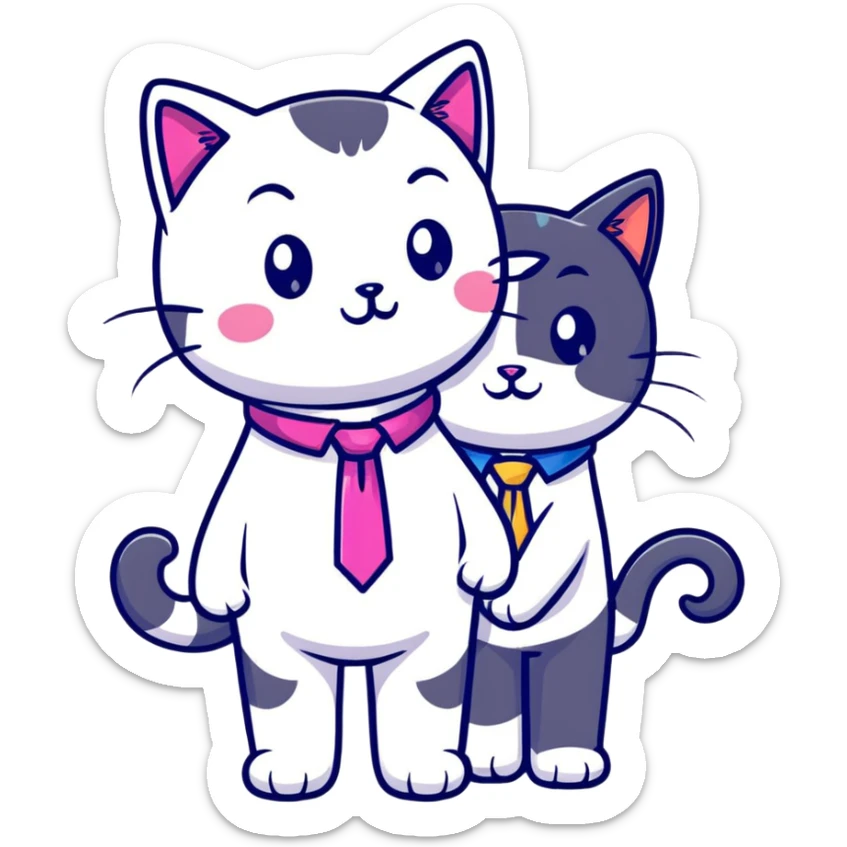 happy girl cat with eyelashes wearing a colorful necktie and happy boy cat wearing a professional necktie standing together and holding paws, both with loving expressions sticker