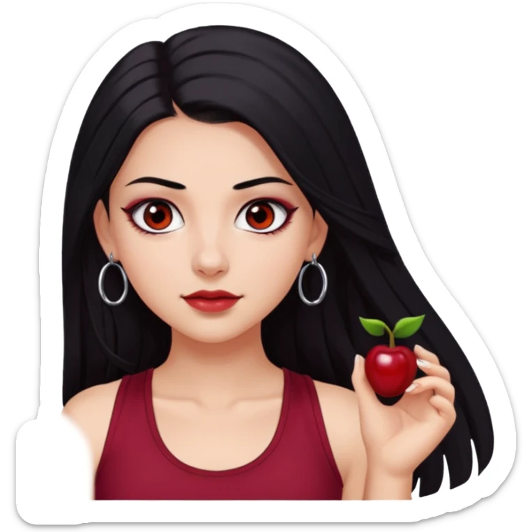 a pretty bratz fair girl with long black hair, kajal under eyes, small silver hoop. Dark cherry red tank top on. Black eyes sticker
