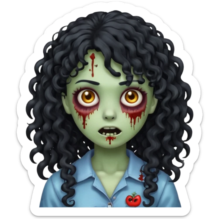 Emoji garota zombie com cabelo preto cacheado longo com franja cacheada sem volume sticker