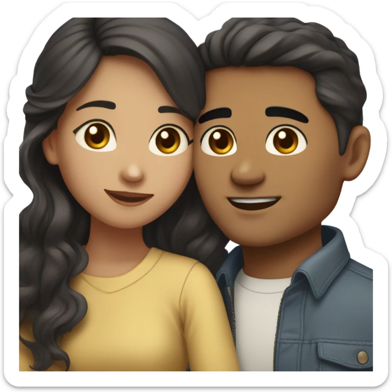A pale half Asian man with short dark hair and amber eyes embracing and loving a half Asian woman with long wavy dark hair and dark hazel eyes. They love each other a lot And have good fashion taste and are hugging each other tight  sticker