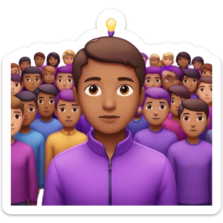 A person standing confidently in the center of a room, radiating a violet warm bright glow, he is calm with a lot of people around sticker