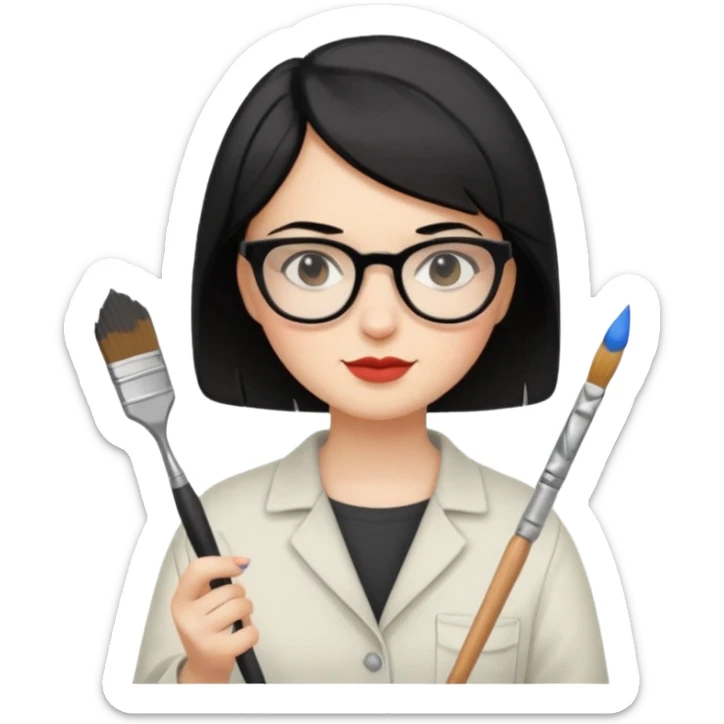 MUJER BLANCA, CABELLO CORTO COLOR NEGRO, USA LENTES Y ES PINTORA sticker